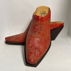 Charlie 1 Horse Red Embossed Leather Western Mules Size 6 B / 36.5 EU - EUC